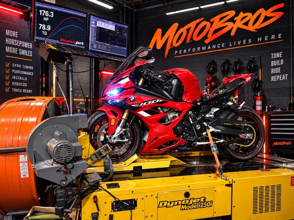 Red BMW sportbike on the MotoBros Dynojet dyno