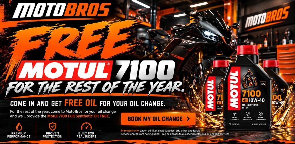 Free Motul 7100 full synthetic oil for the rest of the year. Come in and get free oil for your oil change. Book my oil change. Members only.