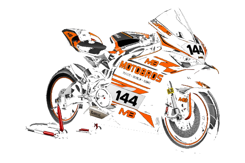 MotoBros sport motorcycle with orange and black racing livery, number 144